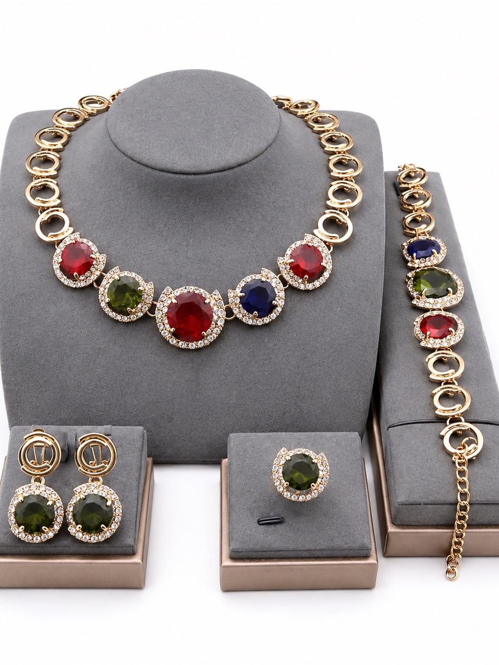 Gold-Tone Multi-Gem Statement Necklace with Matching Bracelet, Earrings and Ring